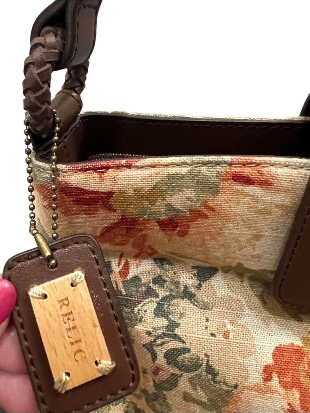 Relic Floral Canvas tapestry Shoulder Bag with Brown Trim EUC - Picture 8 of 9